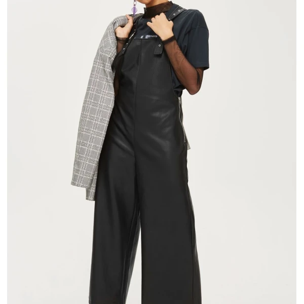 Ladies Customized Elegant Black Leather Wide Leg Jumpsuit