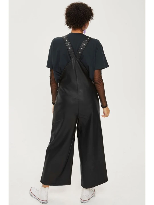 Ladies Customized Elegant Black Leather Wide Leg Jumpsuit