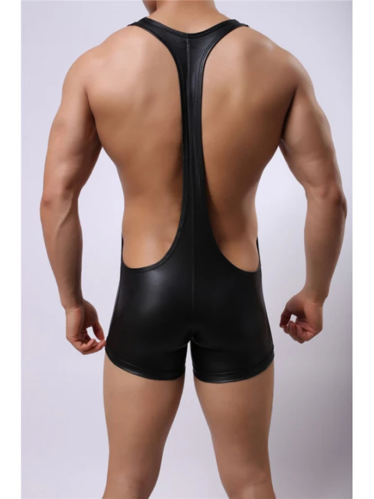 Men Black Leather Underwear Wrestling Boxer Jockstrap Romper
