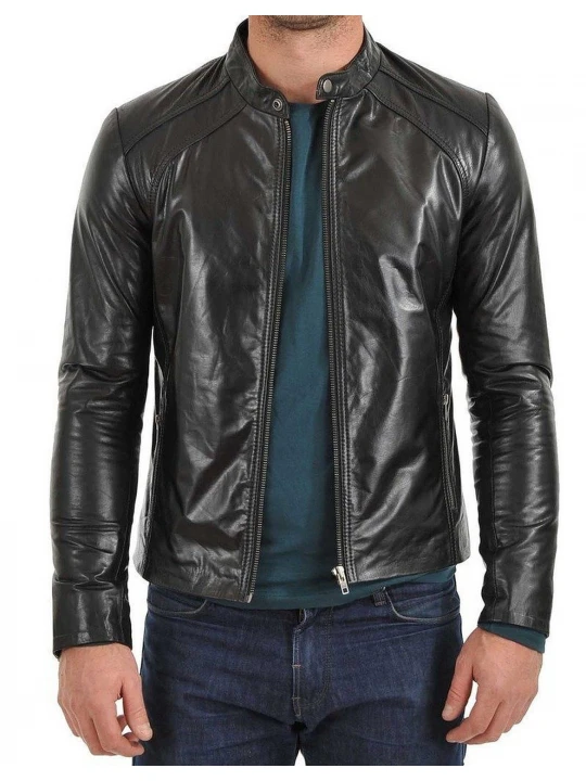 Mens Slim Fit Black Leather Coat Jacket