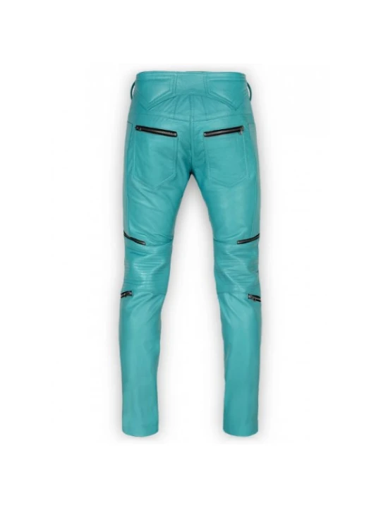 Mens Cool Style Bright Blue Leather Biker Pants