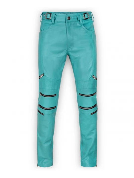 Mens Cool Style Bright Blue Leather Biker Pants