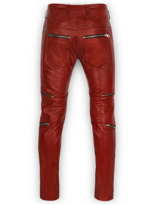 Mens Cool Style Cherry Red Leather Biker Pants
