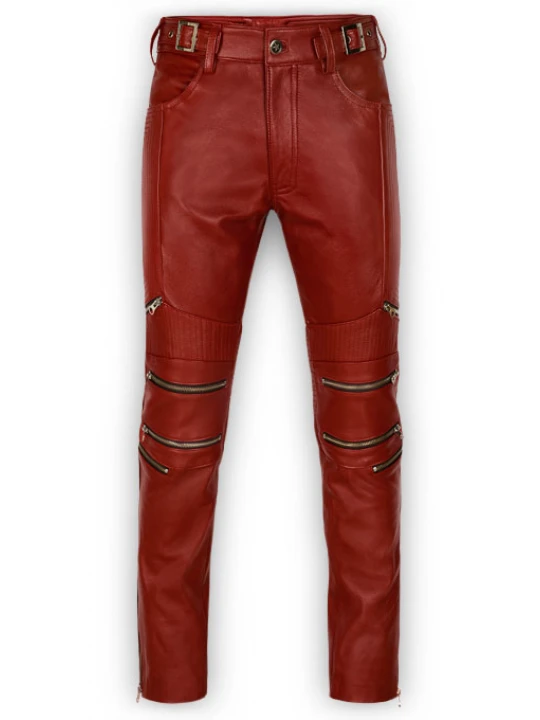 Mens Cool Style Cherry Red Leather Biker Pants
