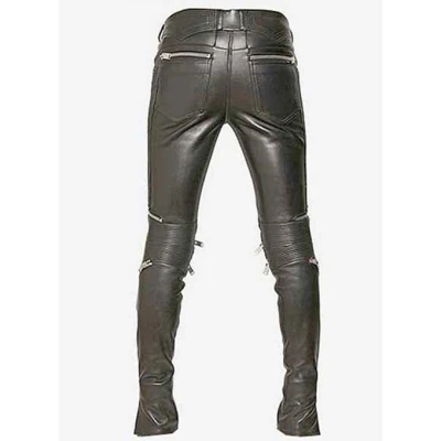 Mens Rockstar Style Genuine Black Leather Biker Pant