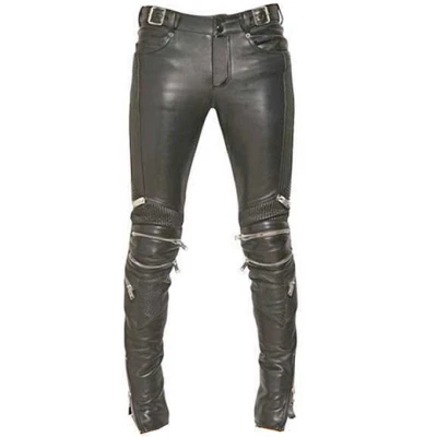 Mens Rockstar Style Genuine Black Leather Biker Pant