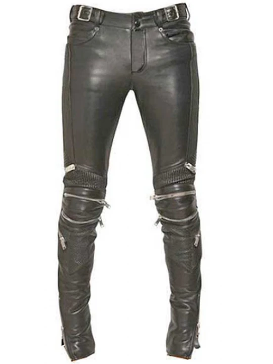 Mens Rockstar Style Genuine Black Leather Biker Pant