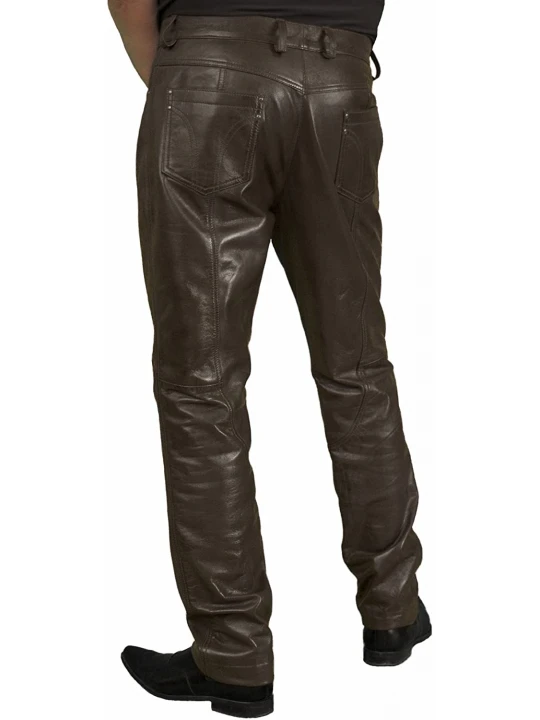 Mens Smart Casual Dark Brown Leather Trousers Jeans Pants