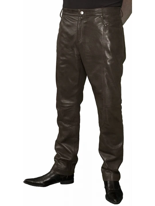 Mens Smart Casual Dark Brown Leather Trousers Jeans Pants