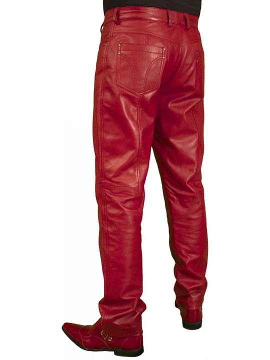 Mens Smart Casual Red Leather Trousers Jeans Pants