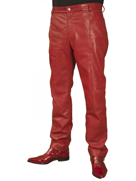 Mens Smart Casual Red Leather Trousers Jeans Pants