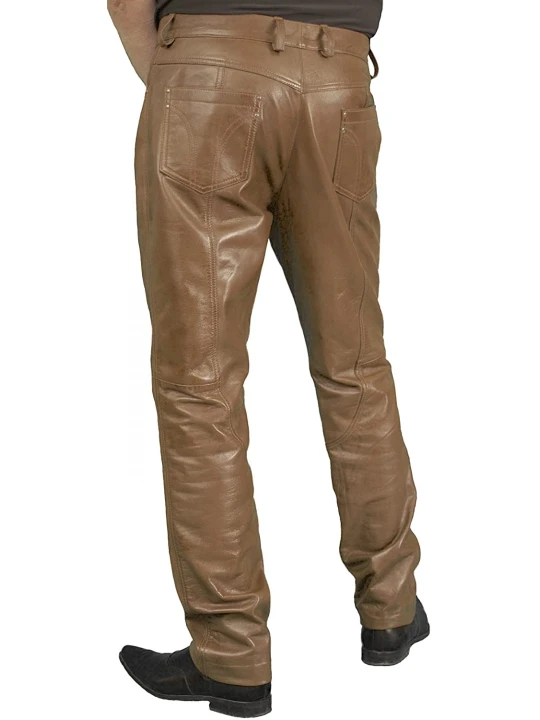Mens Smart Casual Tan Leather Trousers Jeans Pants