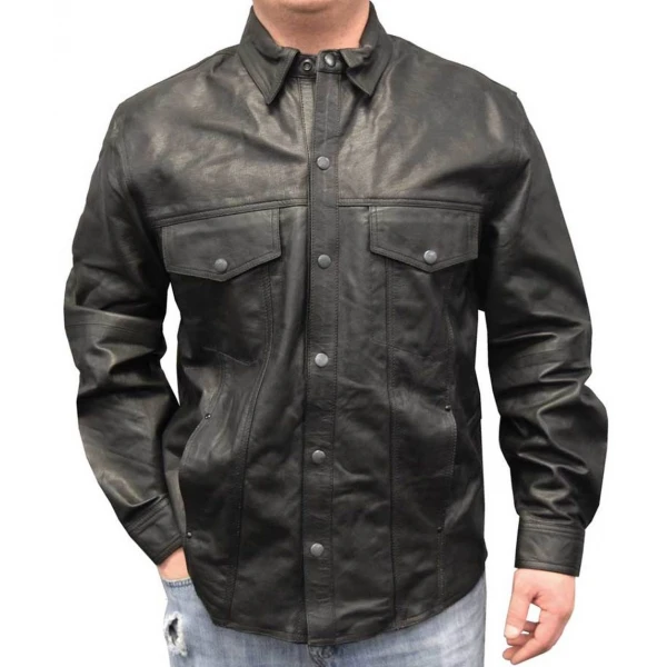 Mens Sophisticated Look Real Sheepskin Black Leather Shirt