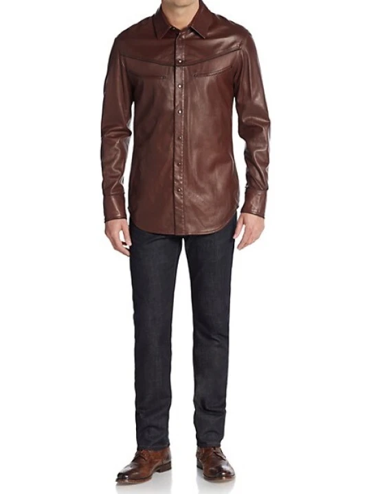 Mens Bold Fashion Real Sheepskin Brown Leather Shirt