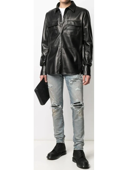 Mens Casual Wear Real Sheepskin Black Leather Shirt
