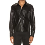 Mens Cool Style Real Sheepskin Black Leather Shirt
