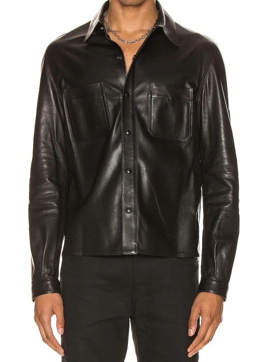 Mens Cool Style Real Sheepskin Black Leather Shirt