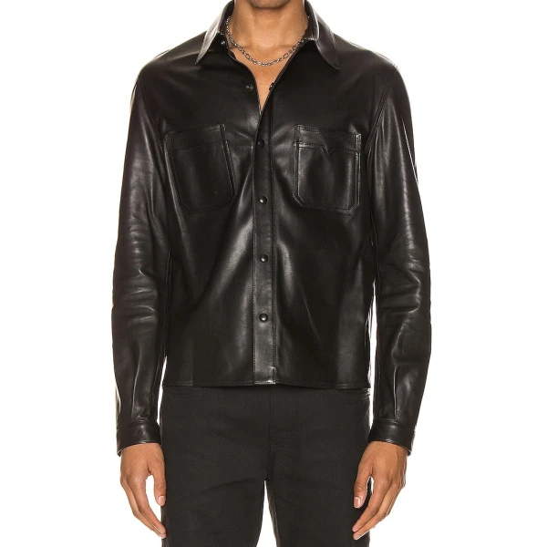 Mens Cool Style Real Sheepskin Black Leather Shirt