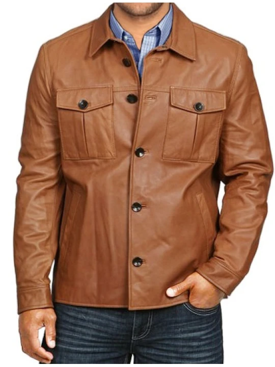 Mens Dashing Look Real Sheepskin Tan Brown Leather Shirt