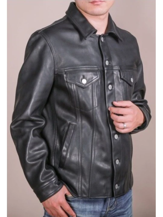 Mens Dude Look Real Sheepskin Black Leather Shirt