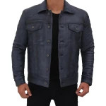Mens Edgy Fashion Real Sheepskin Blue Leather Shirt