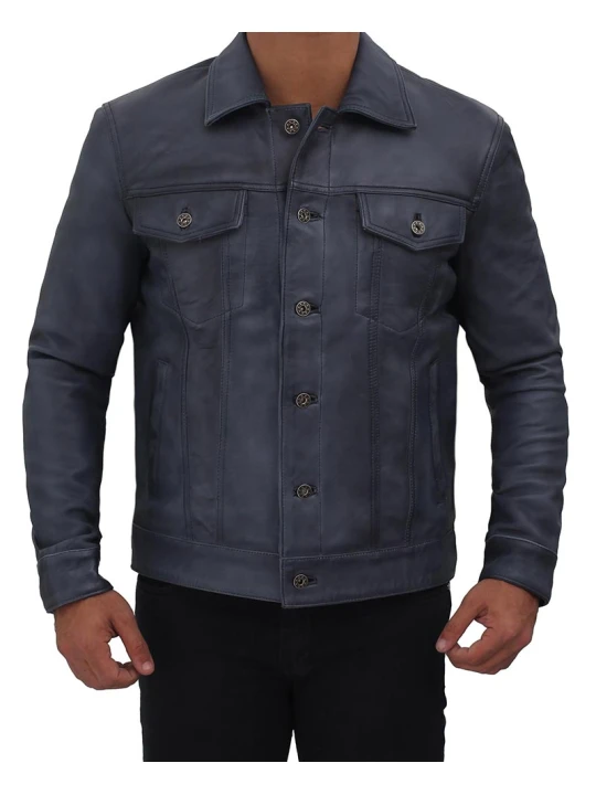 Mens Edgy Fashion Real Sheepskin Blue Leather Shirt