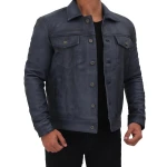 Mens Edgy Fashion Real Sheepskin Blue Leather Shirt