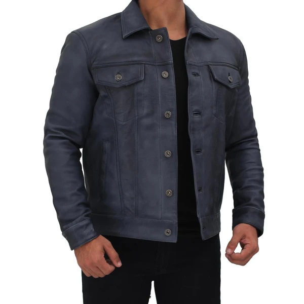 Mens Edgy Fashion Real Sheepskin Blue Leather Shirt