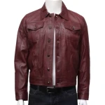 Mens Edgy Fashion Real Sheepskin Burgundy Leather Shirt