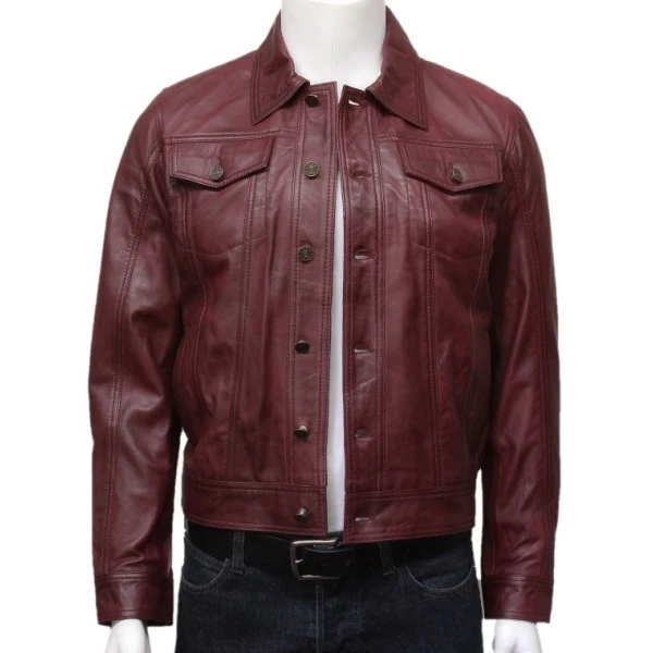Mens Edgy Fashion Real Sheepskin Burgundy Leather Shirt