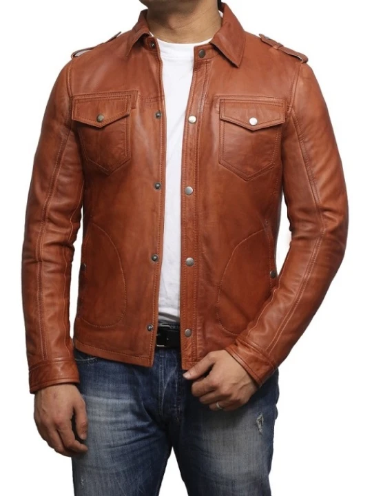 Mens Elegant Style Real Sheepskin Tan Brwon Leather Shirt