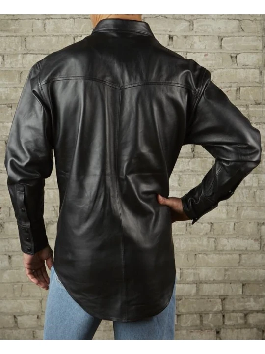 Mens Exceptional Look Real Sheepskin Black Leather Shirt