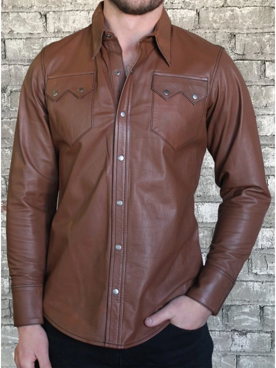Mens Exceptional Look Real Sheepskin Brown Leather Shirt
