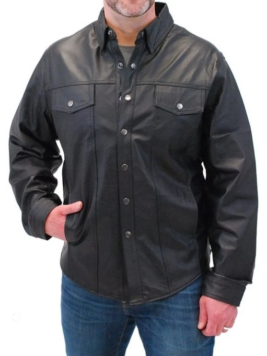 Mens Eye-Catching Real Sheepskin Black Leather Shirt