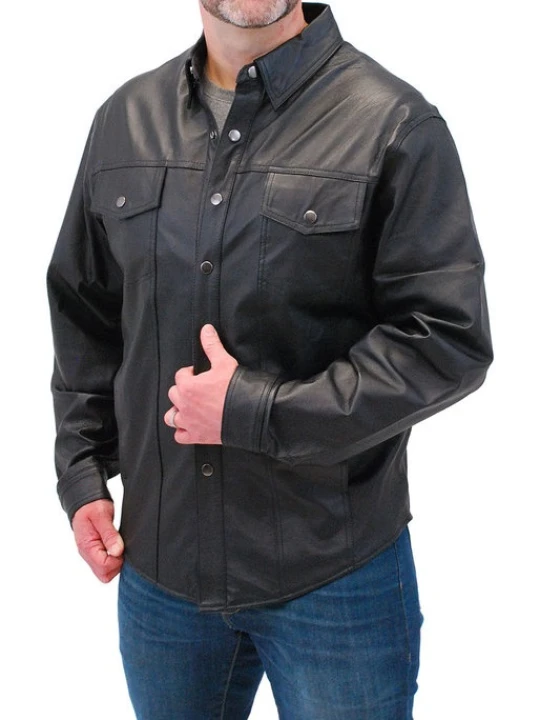 Mens Eye-Catching Real Sheepskin Black Leather Shirt
