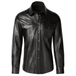 Mens Fashion Wear Real Sheepskin Black Leather Shirt