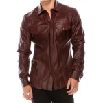Mens Fashion Wear Real Sheepskin Burgundy Leather Shirt