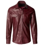 Mens Fashion Wear Real Sheepskin Burgundy Leather Shirt
