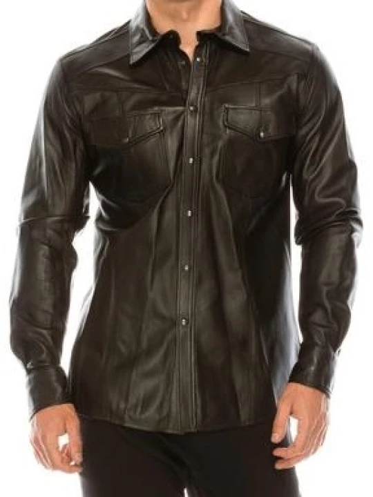 Mens Fashion Wear Real Sheepskin Dark Brown Leather Shirt