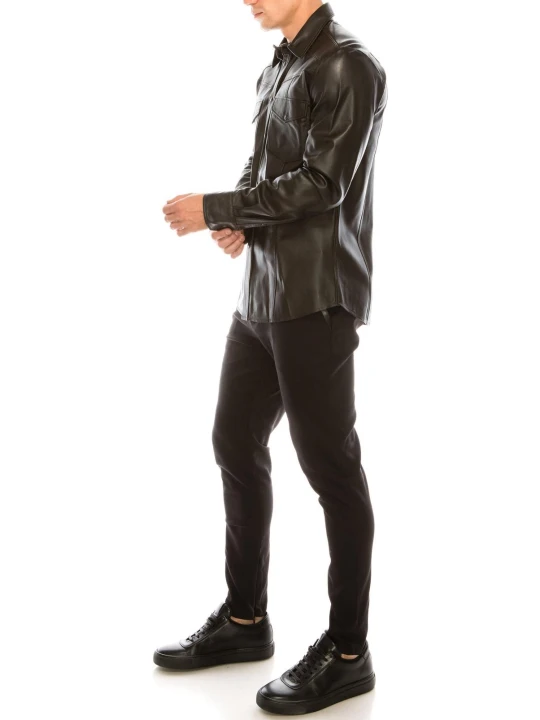 Mens Fashion Wear Real Sheepskin Dark Brown Leather Shirt
