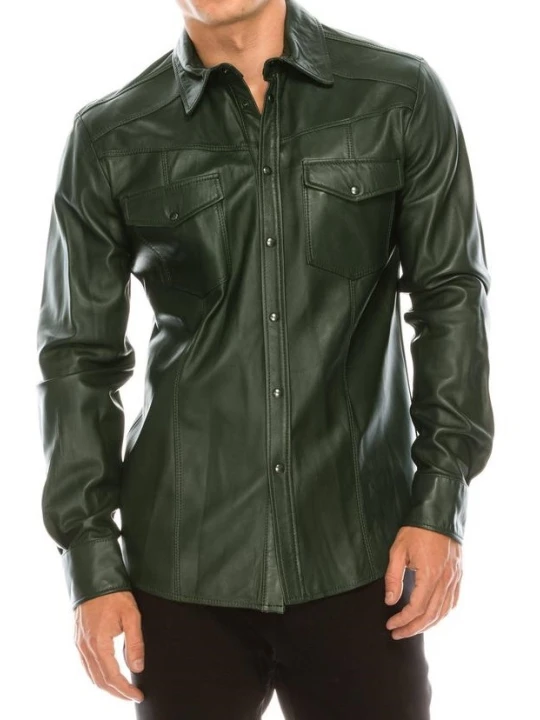 Mens Fashion Wear Real Sheepskin Green Leather Shirt
