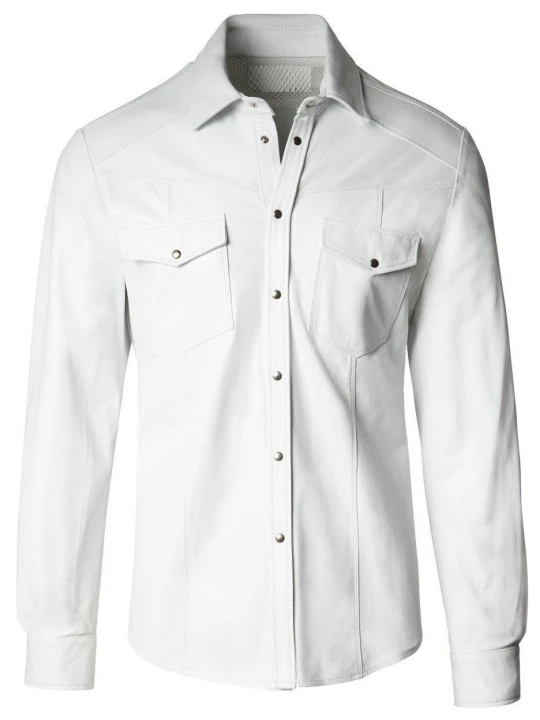 Mens Fashion Wear Real Sheepskin White Leather Shirt