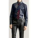 Mens Formal Wear Real Sheepskin Navy Blue Leather Shirt