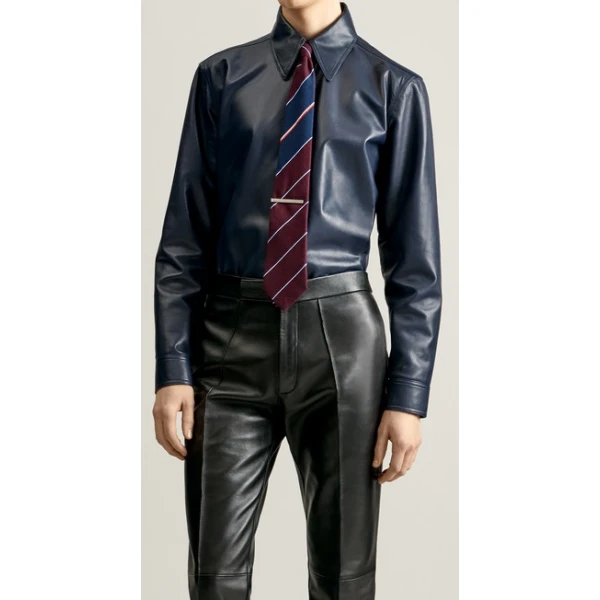 Mens Formal Wear Real Sheepskin Navy Blue Leather Shirt