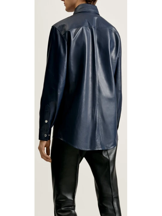Mens Formal Wear Real Sheepskin Navy Blue Leather Shirt