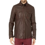 Mens Great Style Real Sheepskin Brown Leather Shirt
