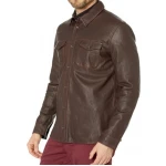 Mens Great Style Real Sheepskin Brown Leather Shirt
