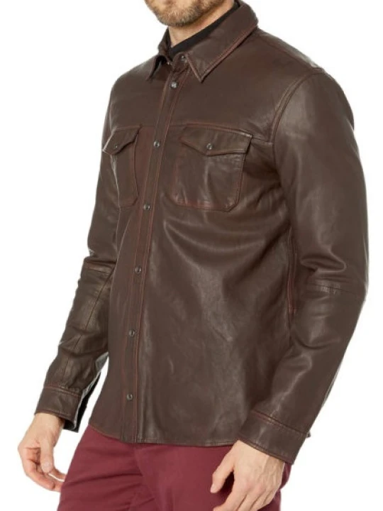 Mens Great Style Real Sheepskin Brown Leather Shirt