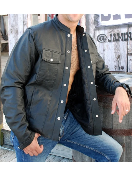 Mens High Fashion Real Sheepskin Black Leather Shirt