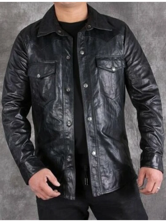 Mens Smart Look Real Sheepskin Black Leather Shirt